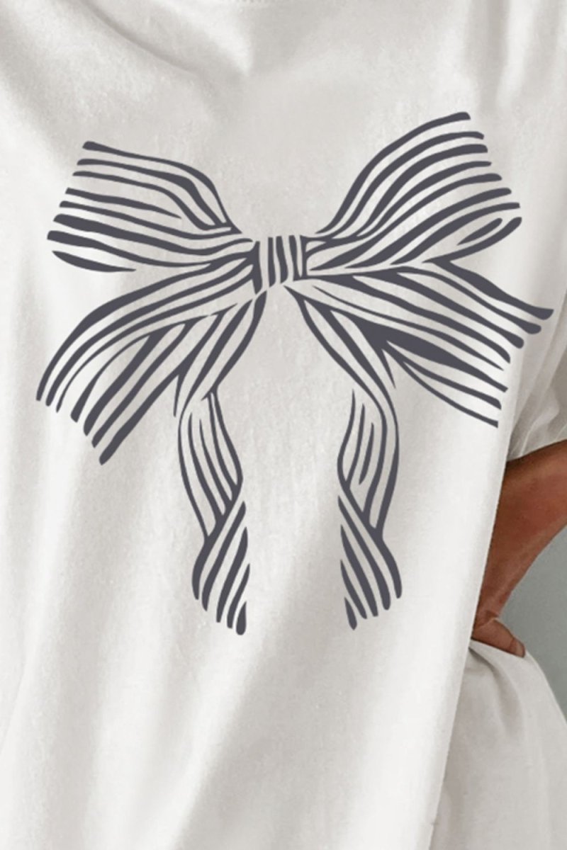 Bow Graphic Round Neck Short Sleeve T - Shirt - AMVIM