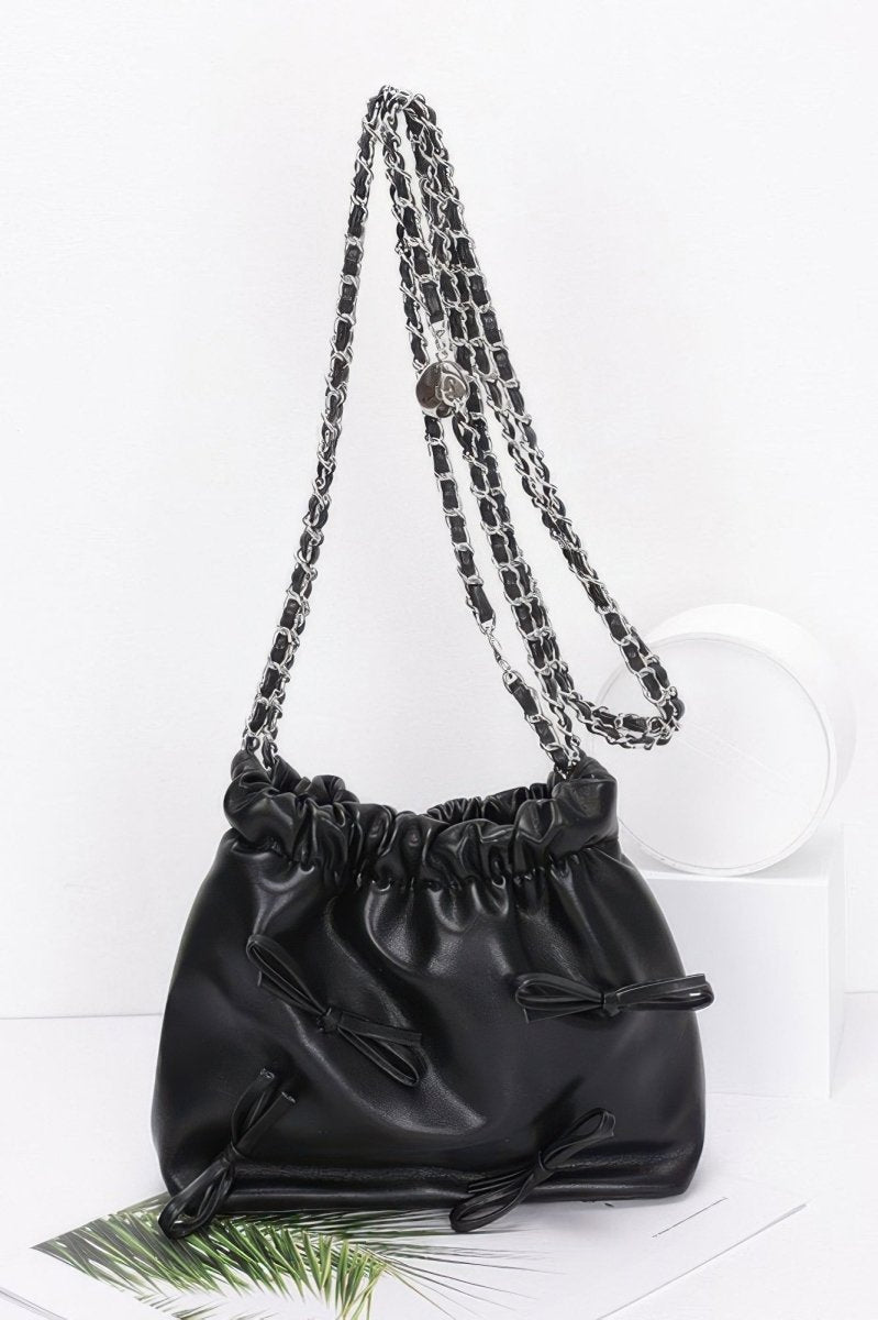 Bucket Crossbody Bag Faux Leather Ribbon Chain - AMVIM