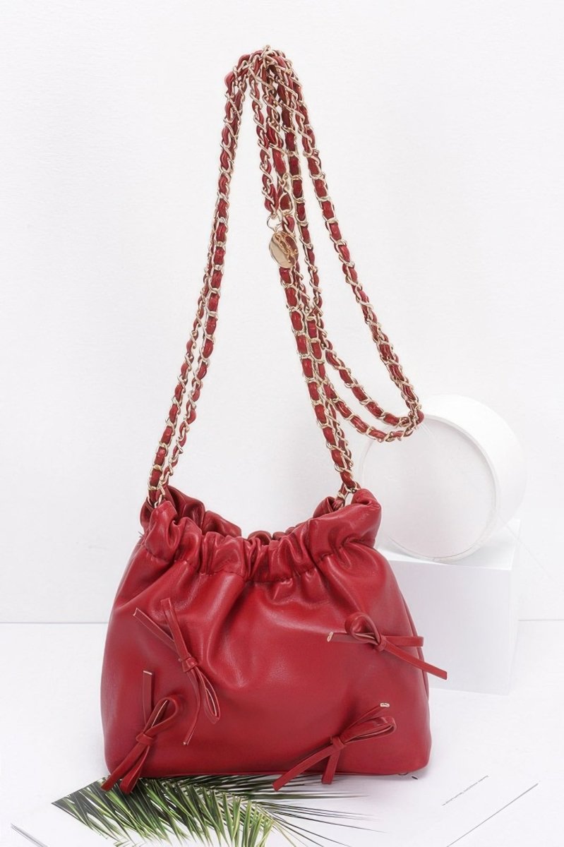 Bucket Crossbody Bag Faux Leather Ribbon Chain - AMVIM