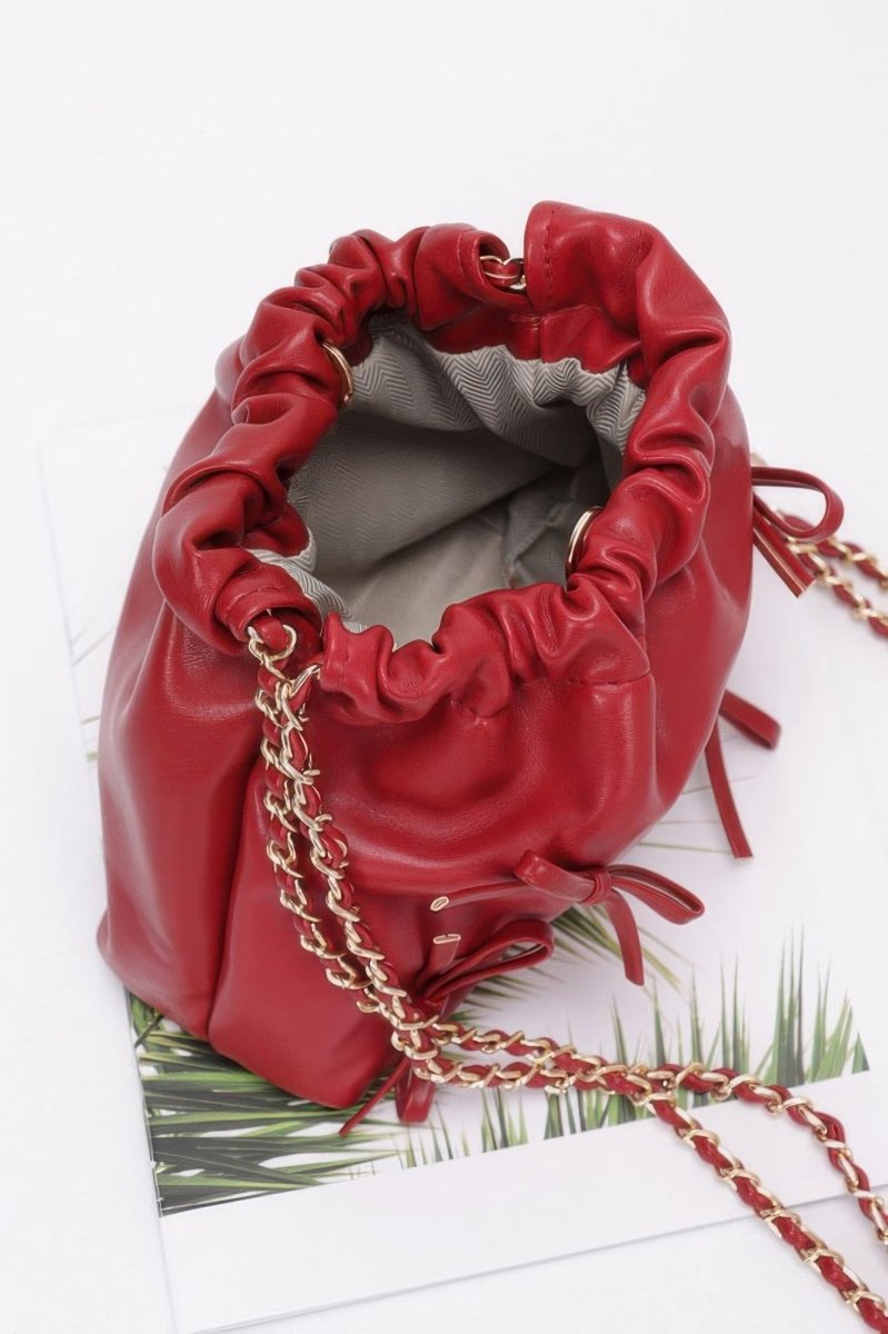 Bucket Crossbody Bag Faux Leather Ribbon Chain - AMVIM
