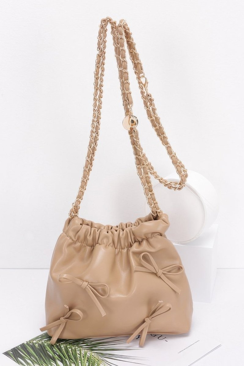 Bucket Crossbody Bag Faux Leather Ribbon Chain - AMVIM