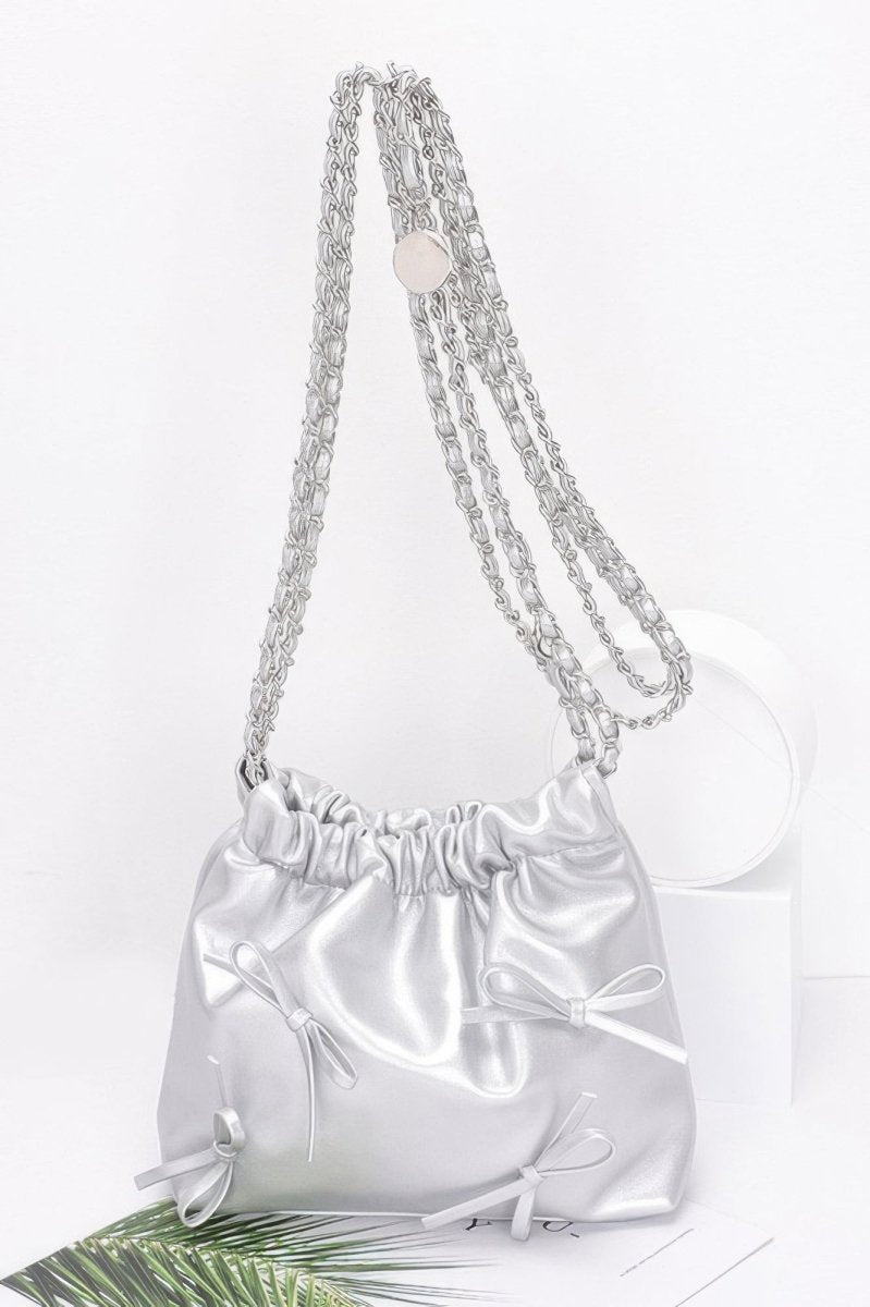 Bucket Crossbody Bag Faux Leather Ribbon Chain - AMVIM
