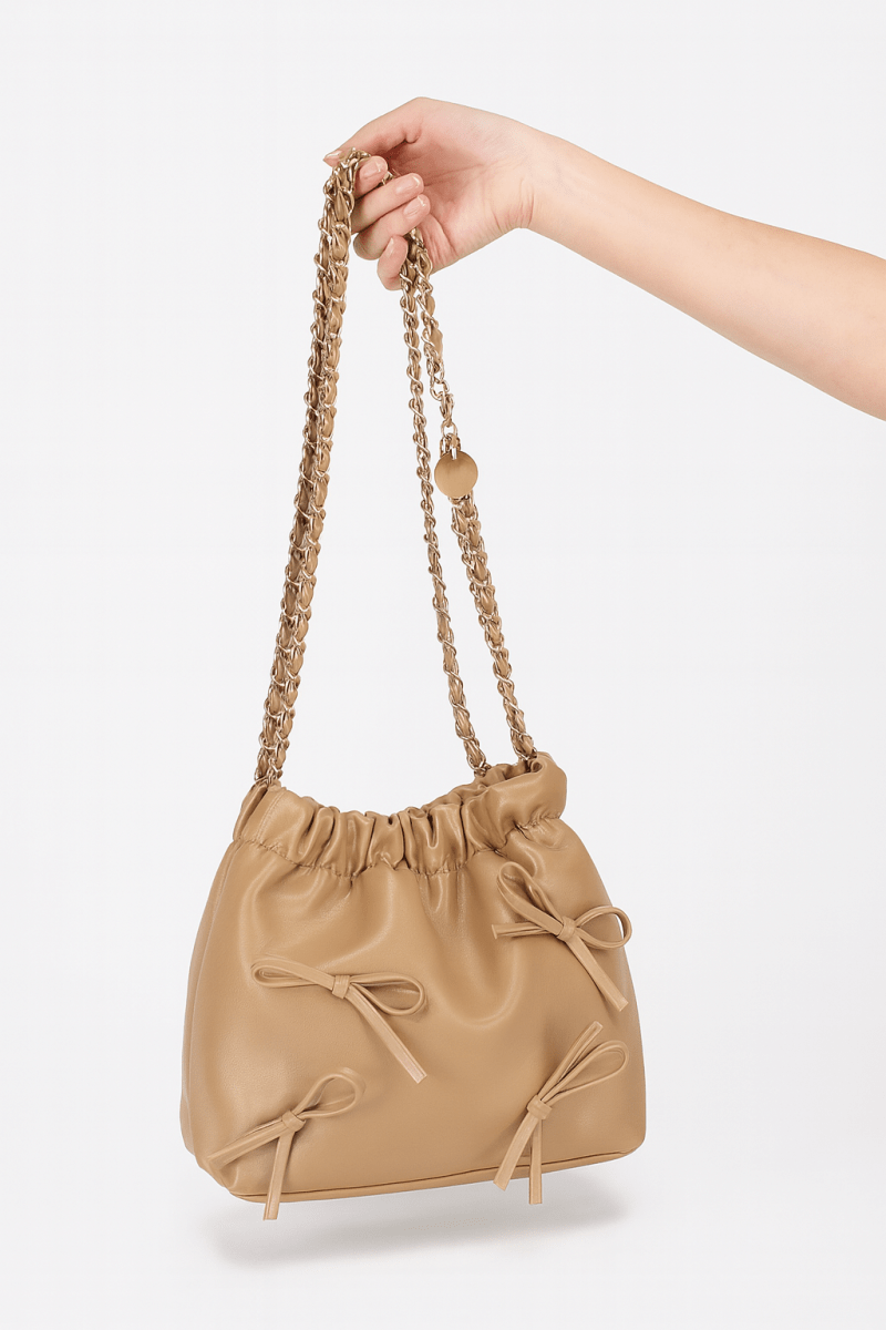 Bucket Crossbody Bag Faux Leather Ribbon Chain - AMVIM
