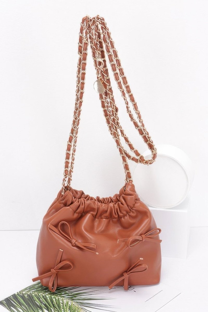 Bucket Crossbody Bag Faux Leather Ribbon Chain - AMVIM
