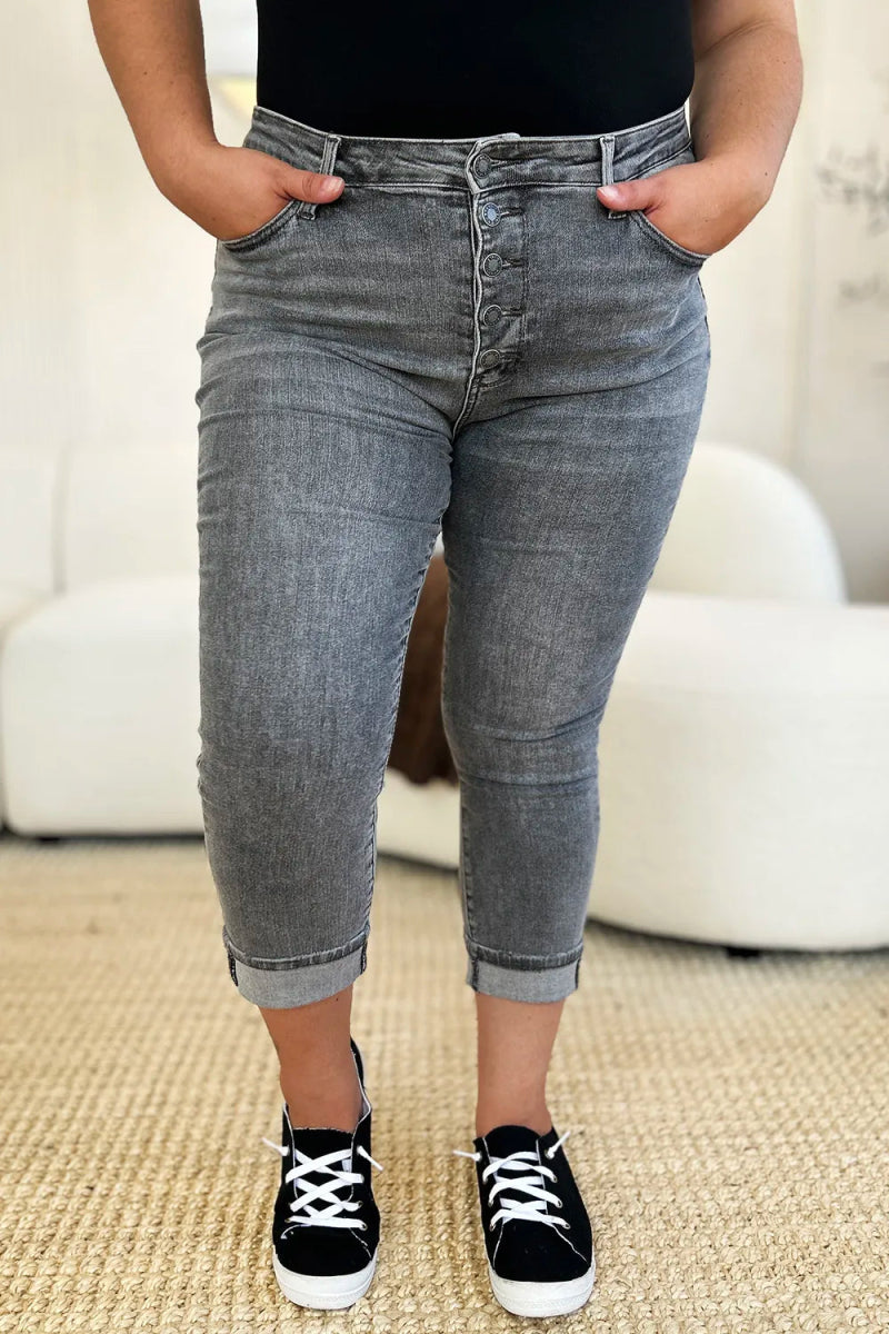 Button Fly High Waist Capri Jeans for Casual Comfort - AMVIM