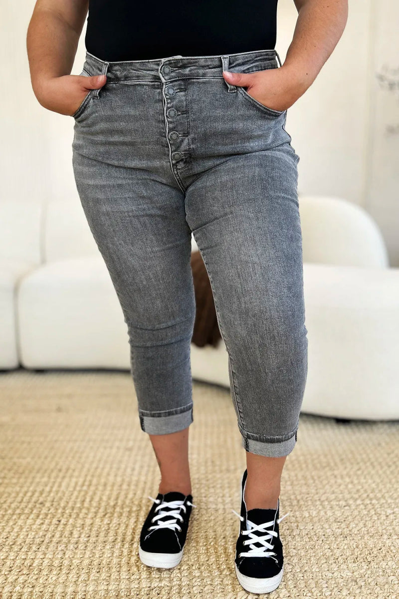 Button Fly High Waist Capri Jeans for Casual Comfort - AMVIM