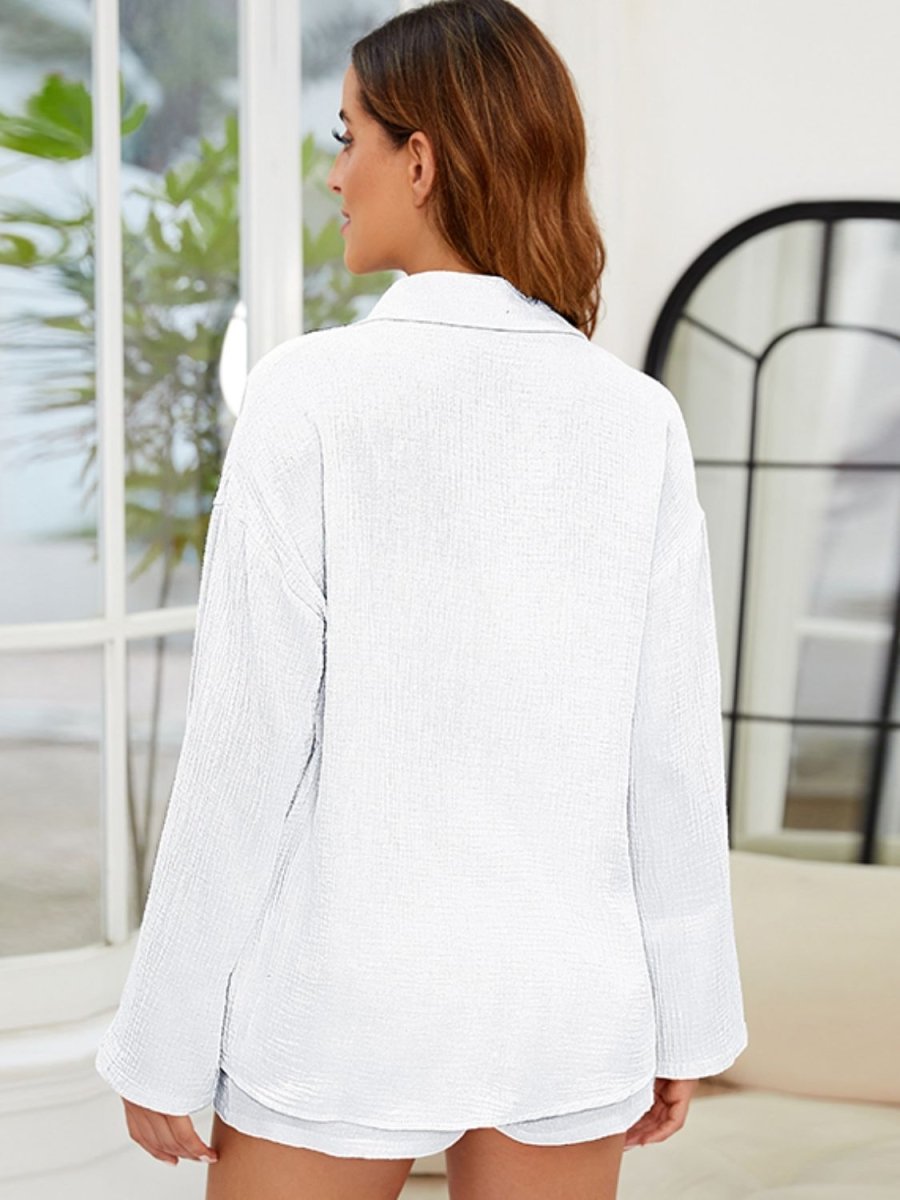 Button Up Long Sleeve Top and Shorts Set - AMVIM