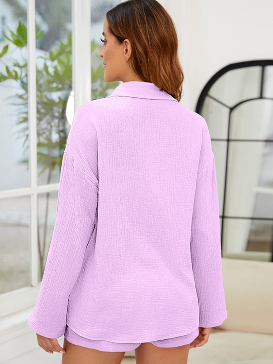 Button Up Long Sleeve Top and Shorts Set - AMVIM