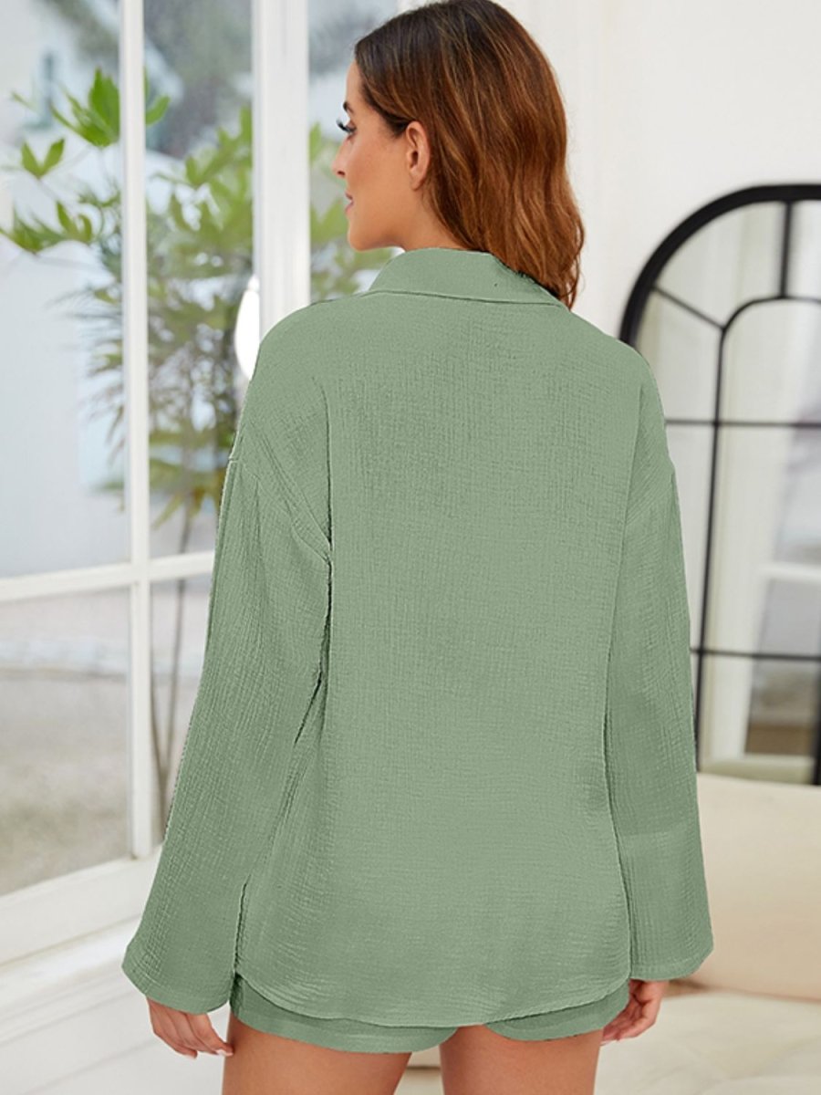 Button Up Long Sleeve Top and Shorts Set - AMVIM