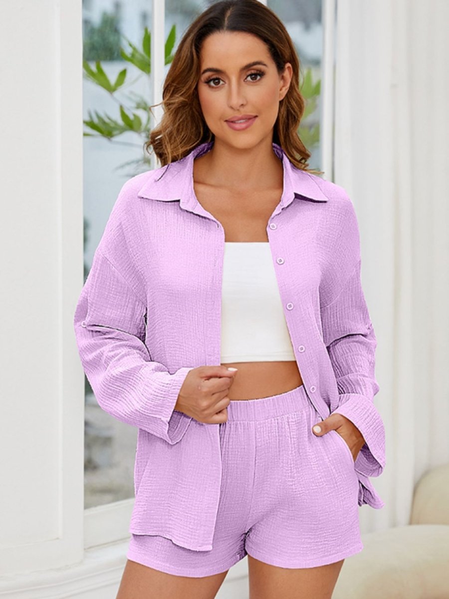 Button Up Long Sleeve Top and Shorts Set - AMVIM
