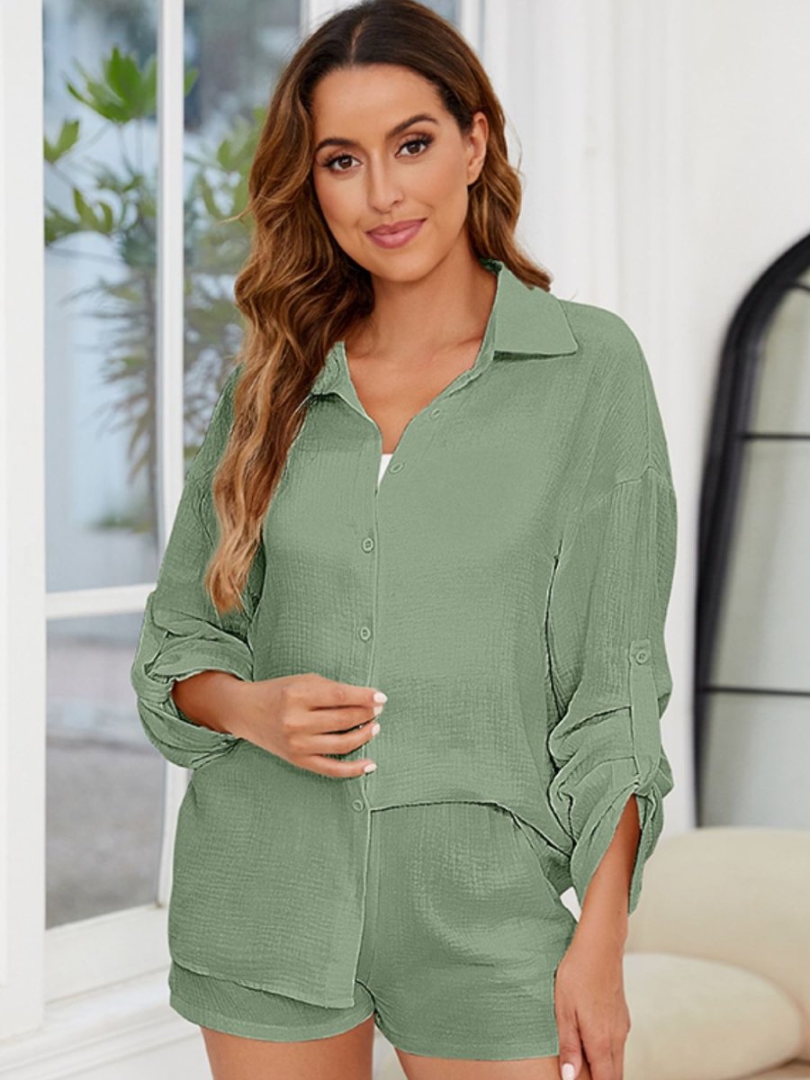 Button Up Long Sleeve Top and Shorts Set - AMVIM