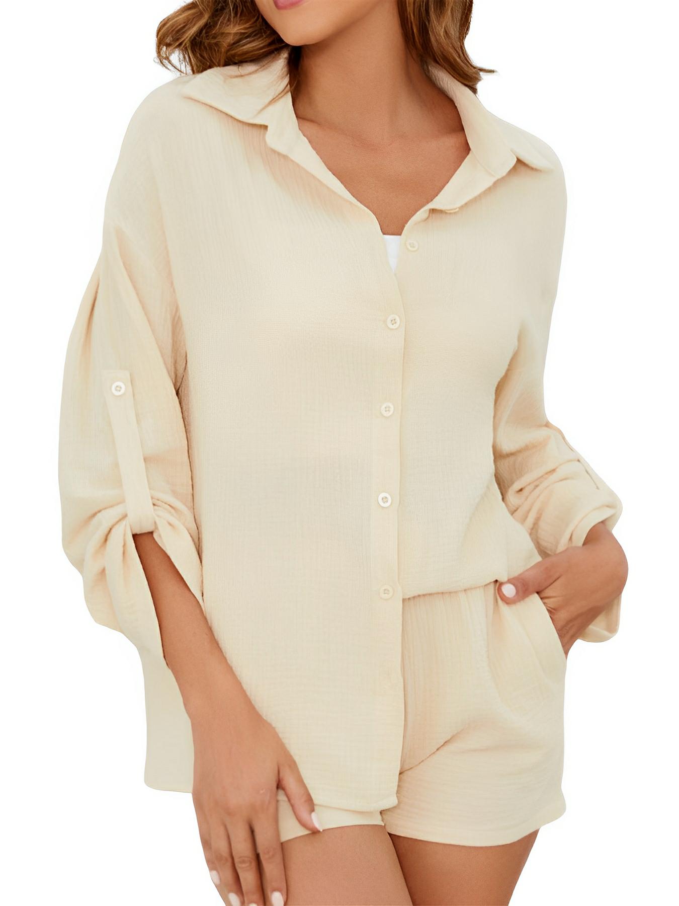 Button Up Long Sleeve Top and Shorts Set - AMVIM
