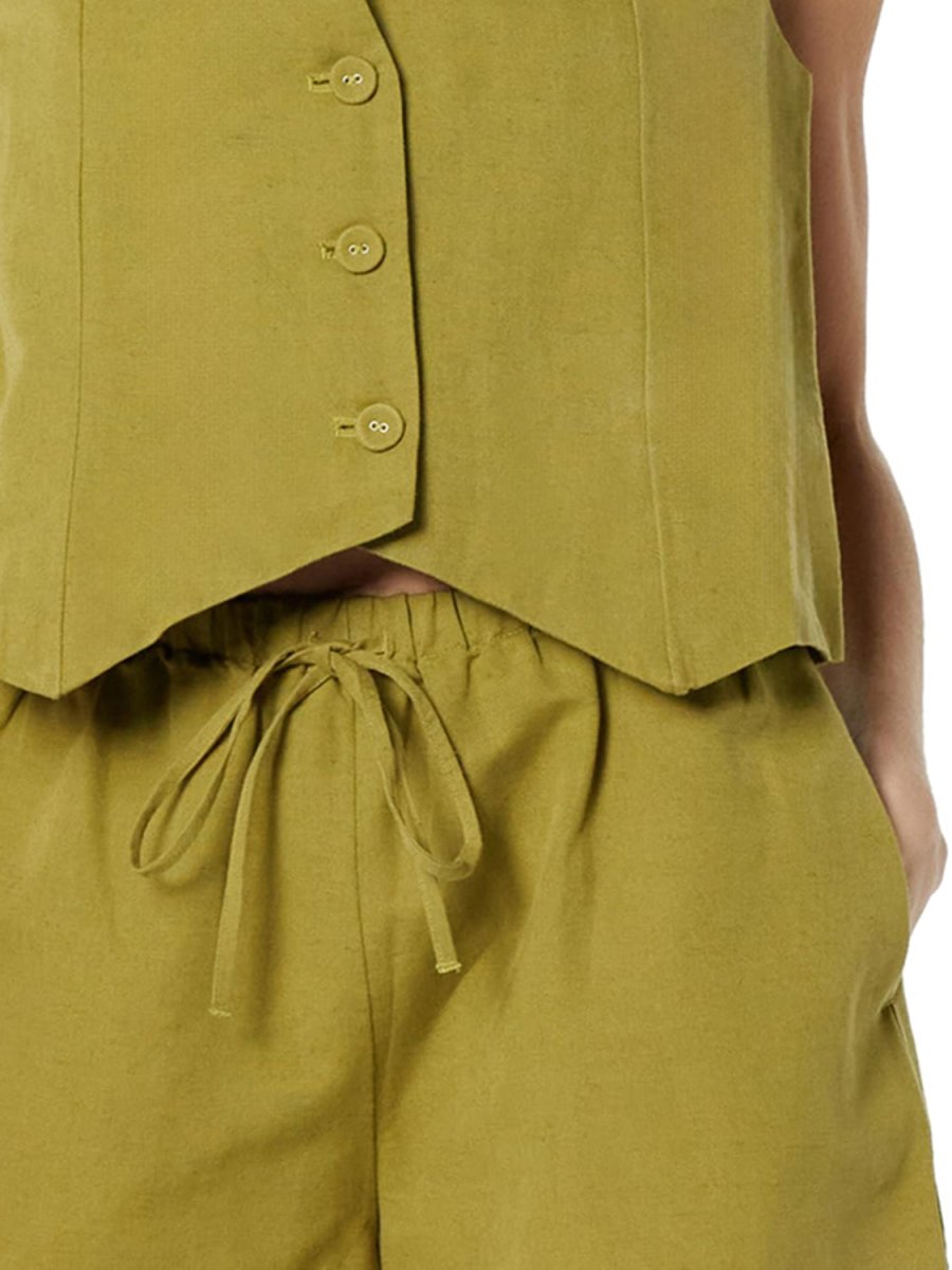 Button Up V - Neck Top and Pocketed Shorts Set - AMVIM