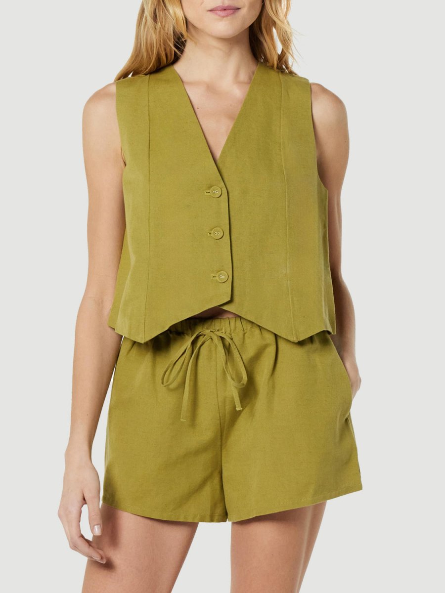 Button Up V - Neck Top and Pocketed Shorts Set - AMVIM