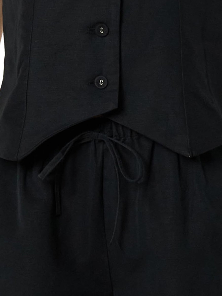 Button Up V - Neck Top and Pocketed Shorts Set - AMVIM