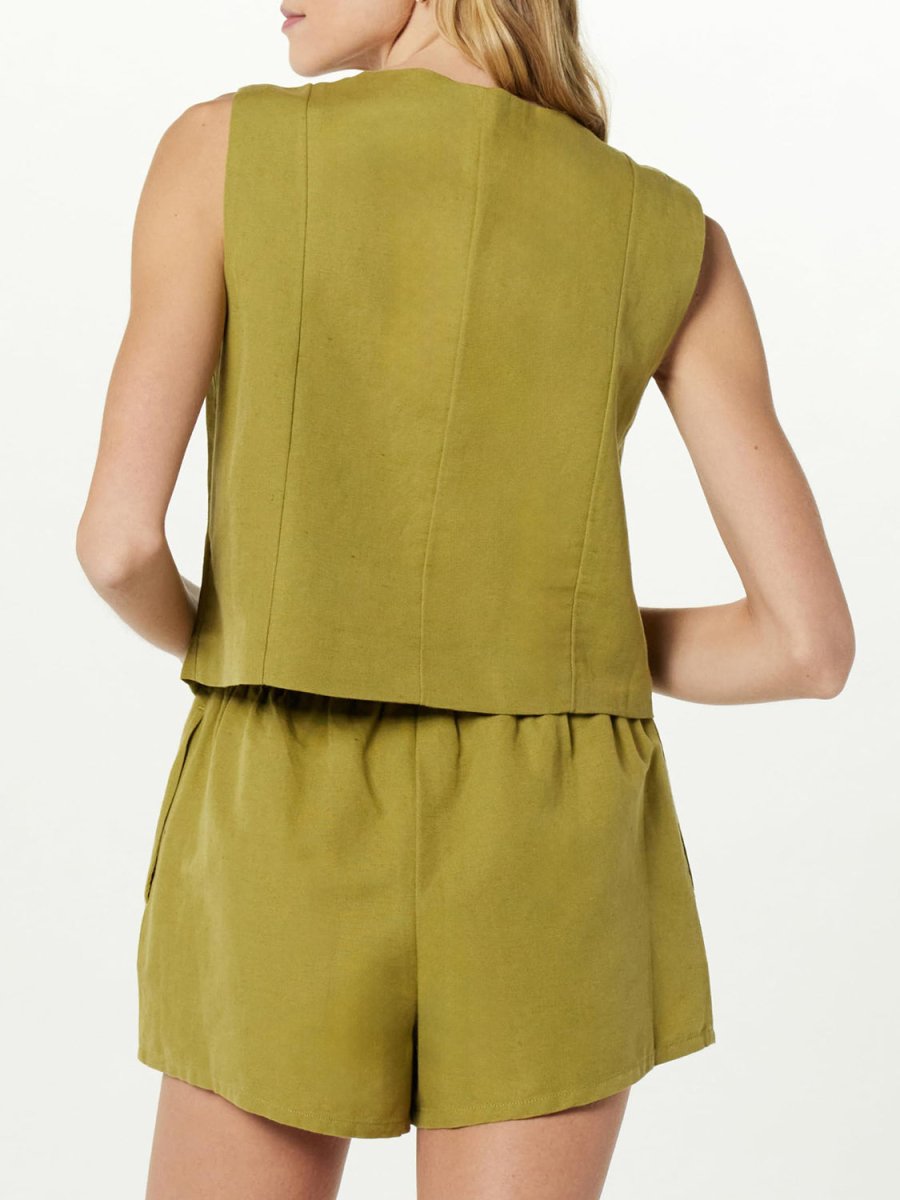 Button Up V - Neck Top and Pocketed Shorts Set - AMVIM