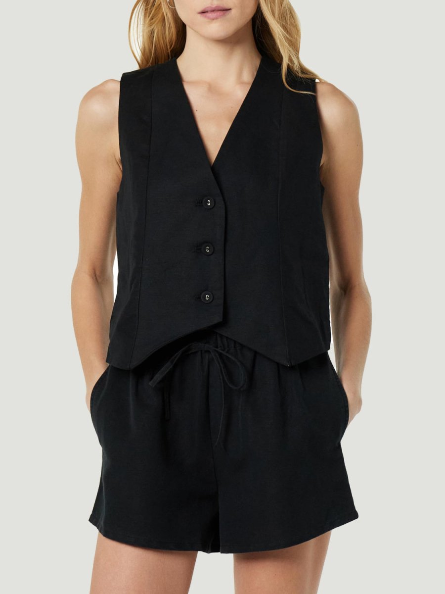 Button Up V - Neck Top and Pocketed Shorts Set - AMVIM
