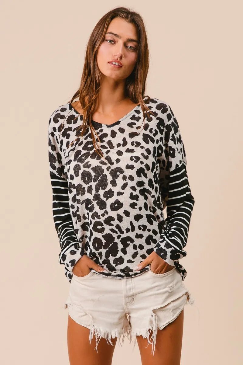 Casual Leopard Print T-Shirt With Striped Sleeves – Cotton - AMVIM
