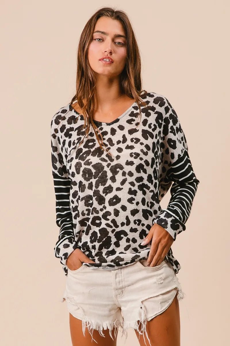 Casual Leopard Print T-Shirt With Striped Sleeves – Cotton - AMVIM