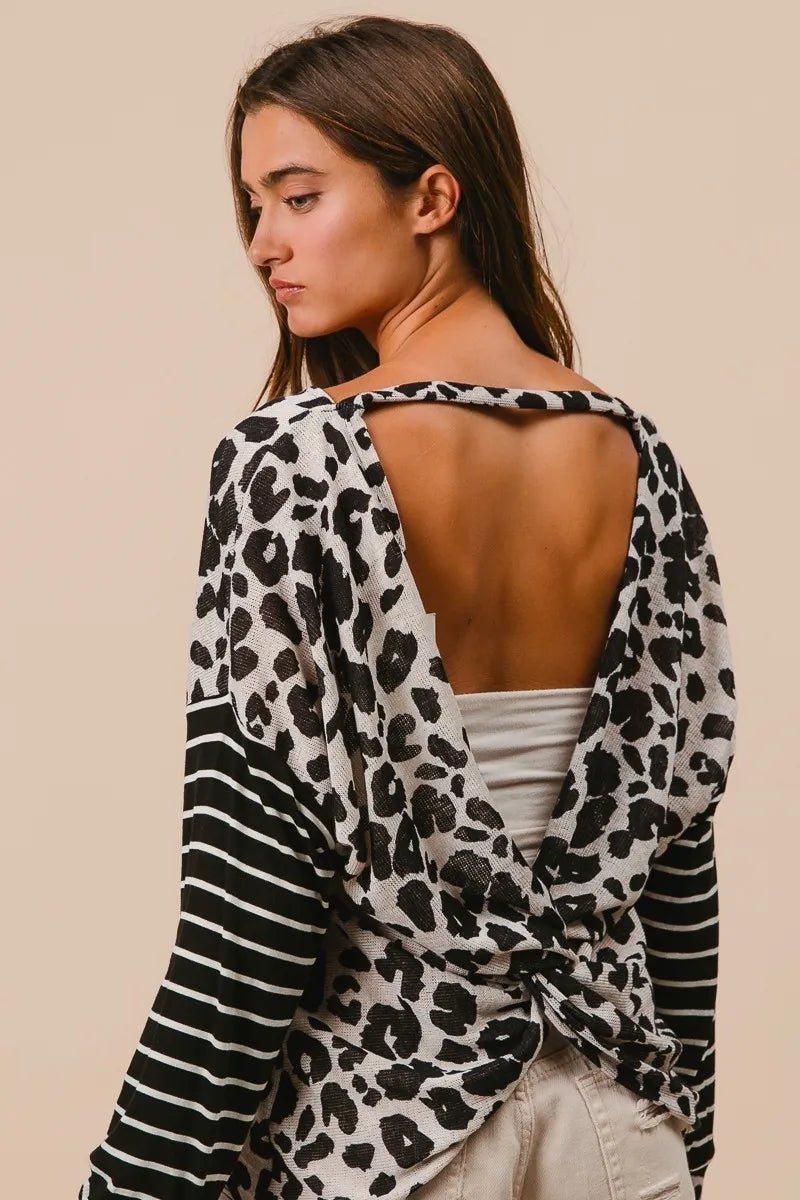 Casual Leopard Print T-Shirt With Striped Sleeves – Cotton - AMVIM