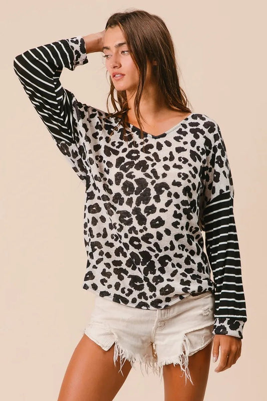 Casual Leopard Print T-Shirt With Striped Sleeves – Cotton - AMVIM