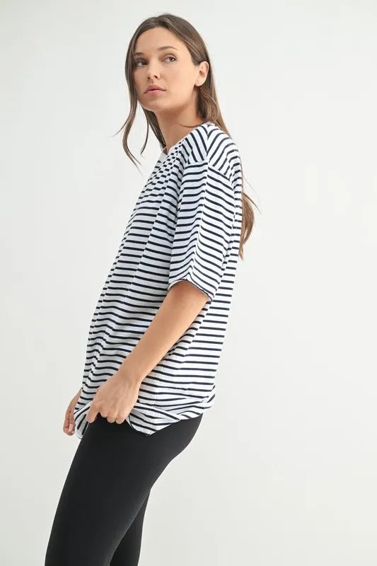 Coastal Cotton Striped Oversized Crewneck Tee – Relaxed Fit - AMVIM