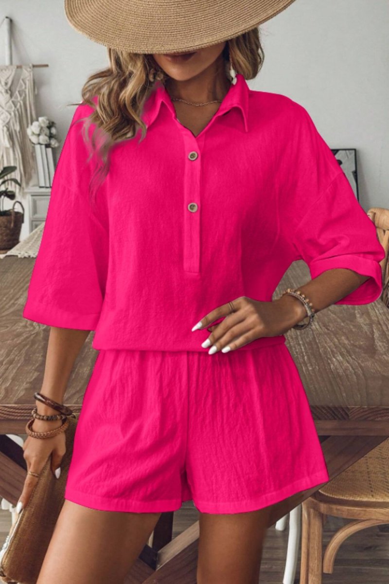 Collared Neck Half Sleeve Top and Shorts Set - AMVIM