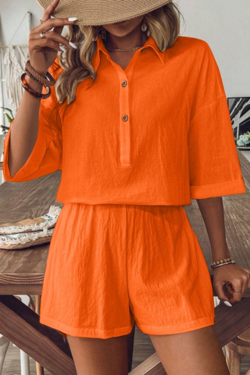 Collared Neck Half Sleeve Top and Shorts Set - AMVIM