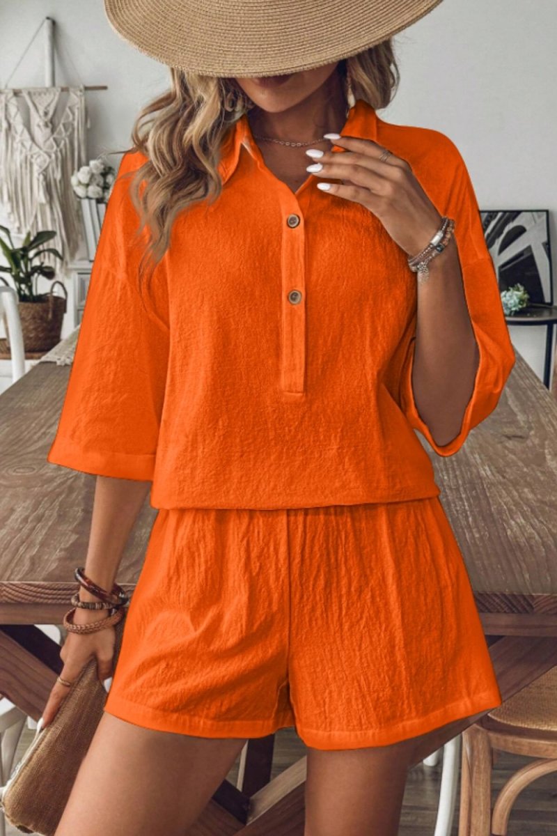 Collared Neck Half Sleeve Top and Shorts Set - AMVIM