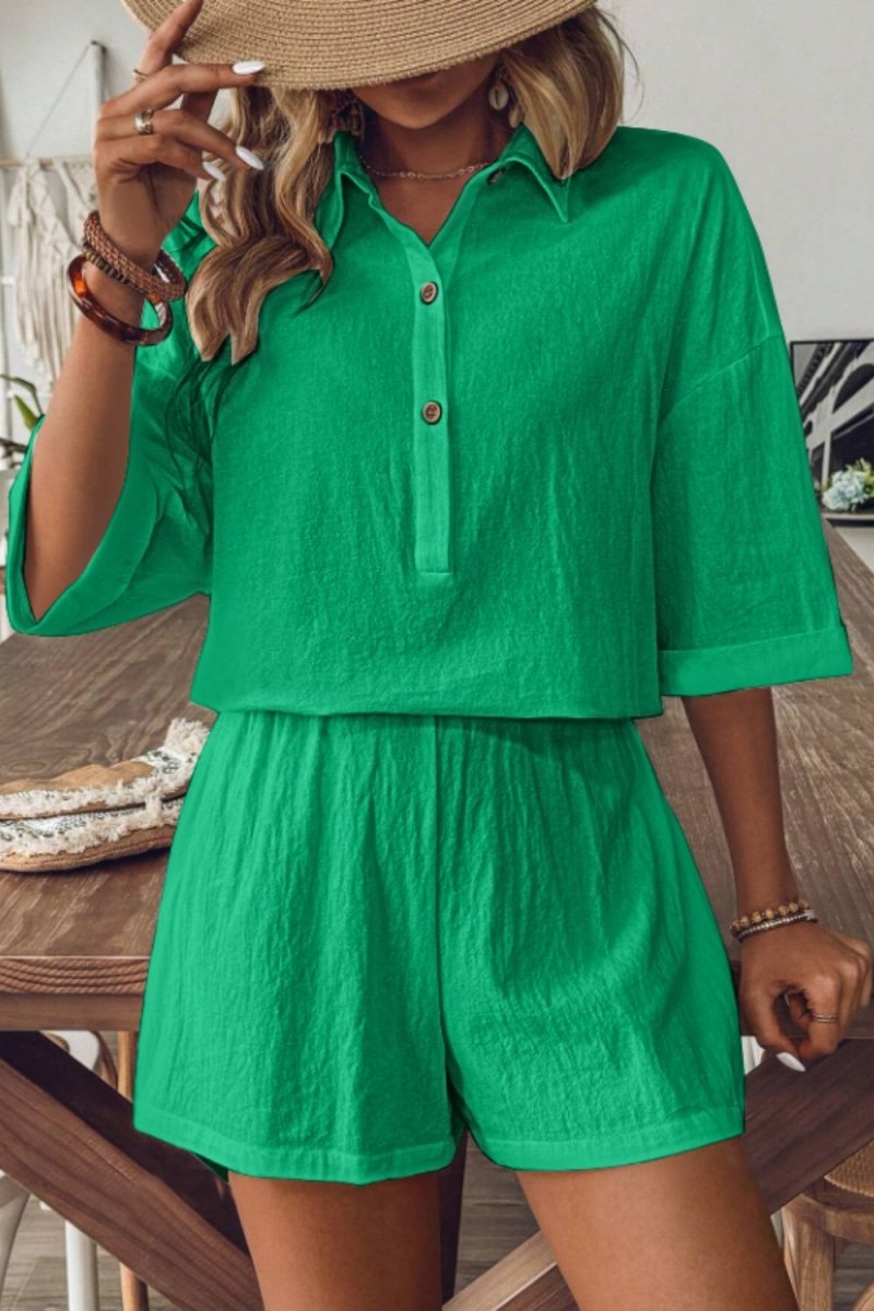 Collared Neck Half Sleeve Top and Shorts Set - AMVIM