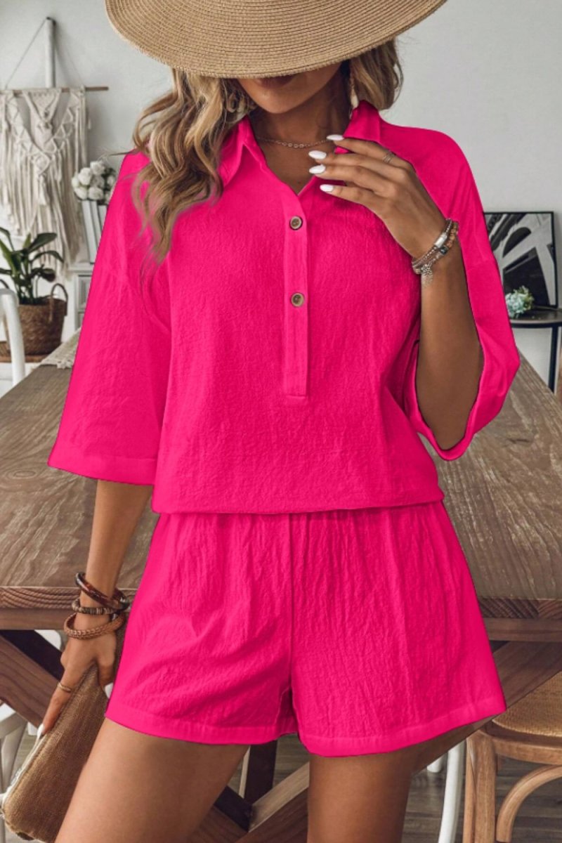 Collared Neck Half Sleeve Top and Shorts Set - AMVIM