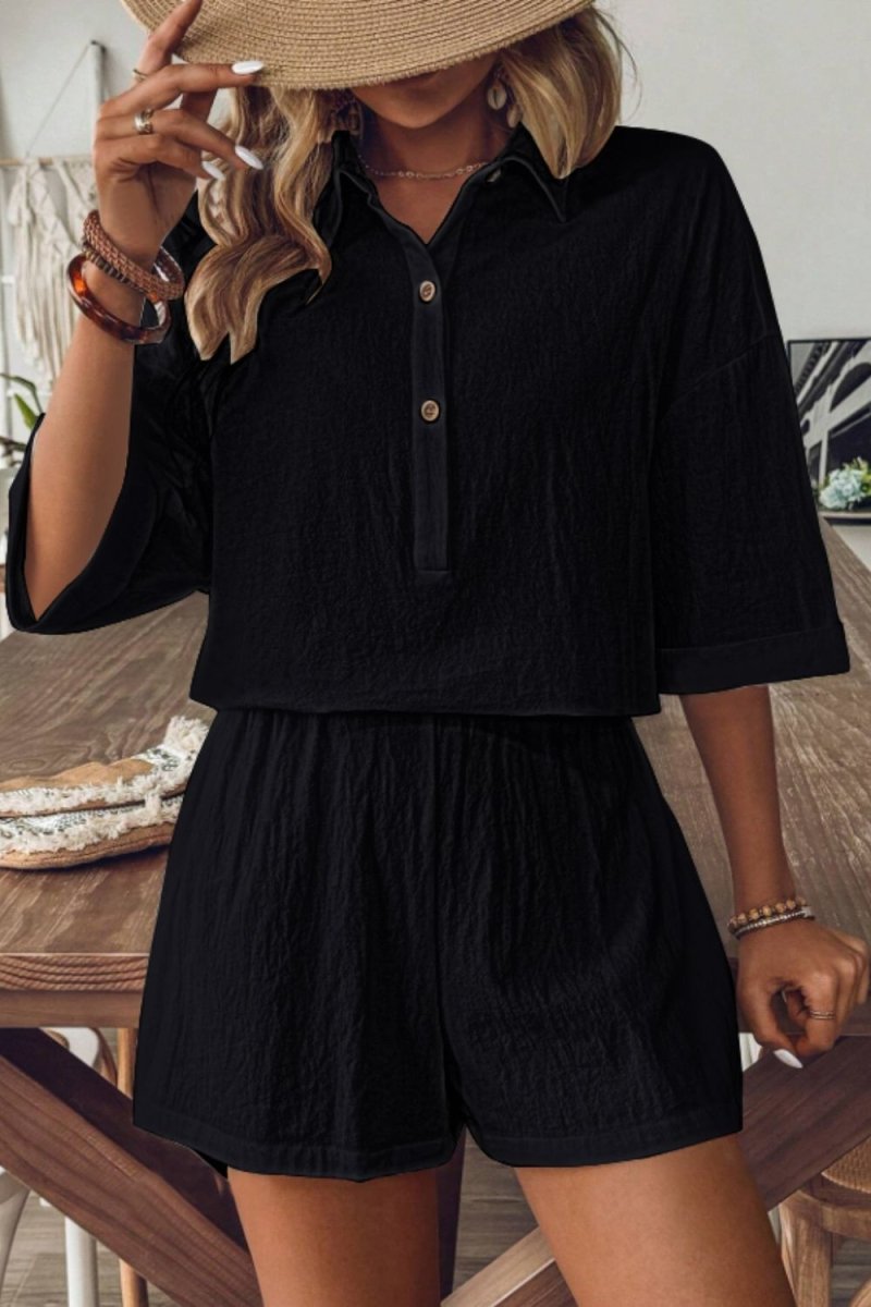 Collared Neck Half Sleeve Top and Shorts Set - AMVIM