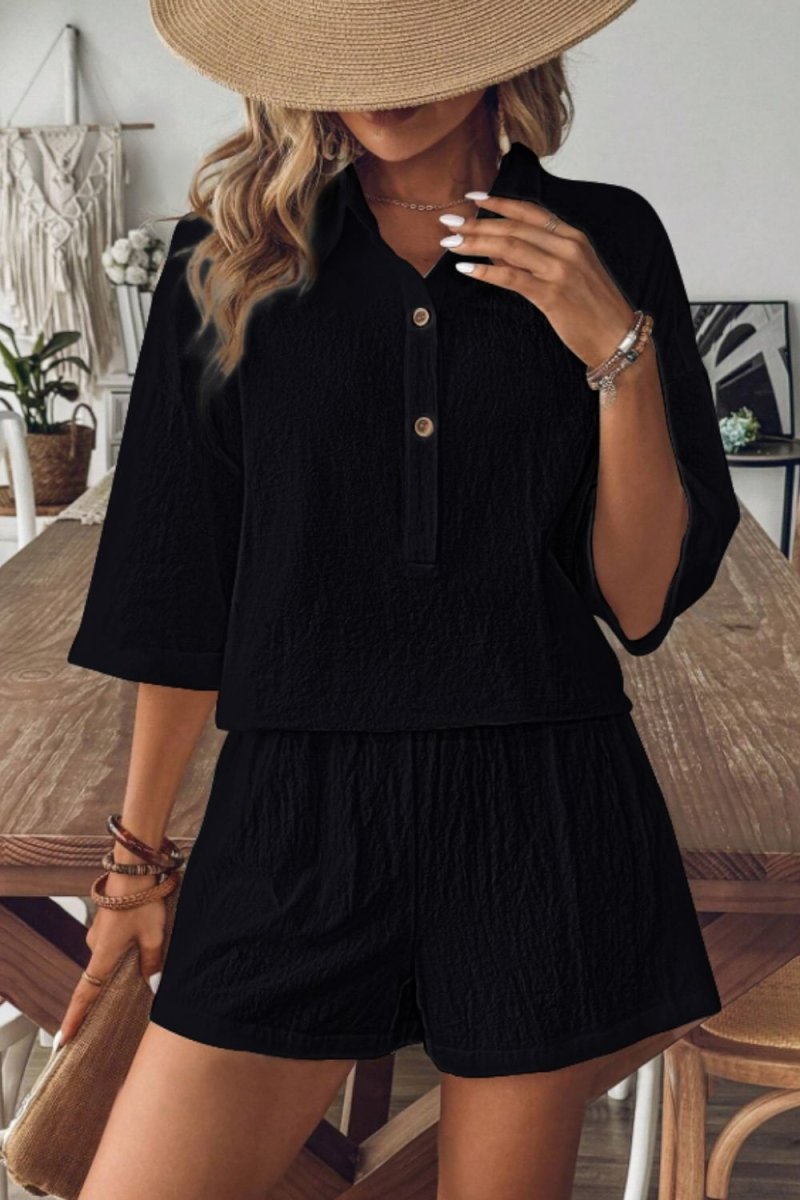 Collared Neck Half Sleeve Top and Shorts Set - AMVIM