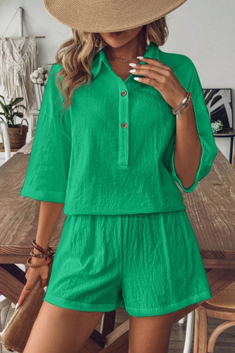 Collared Neck Half Sleeve Top and Shorts Set - AMVIM