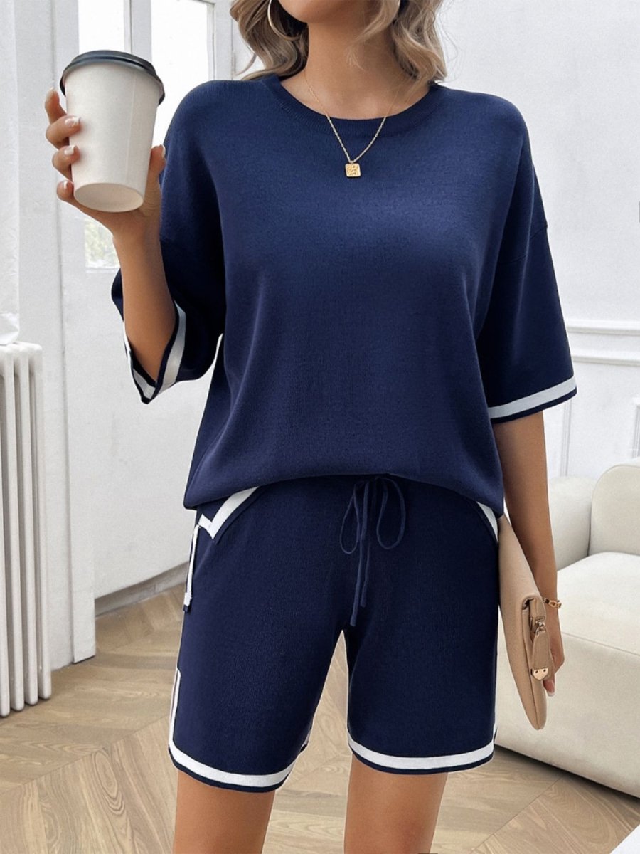 Contrast Trim Round Neck Top and Shorts Set - AMVIM