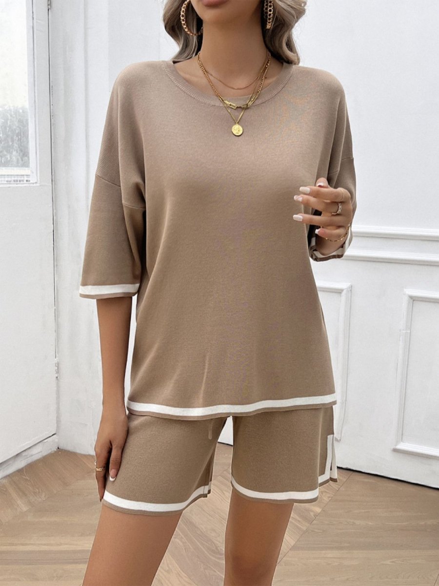 Contrast Trim Round Neck Top and Shorts Set - AMVIM