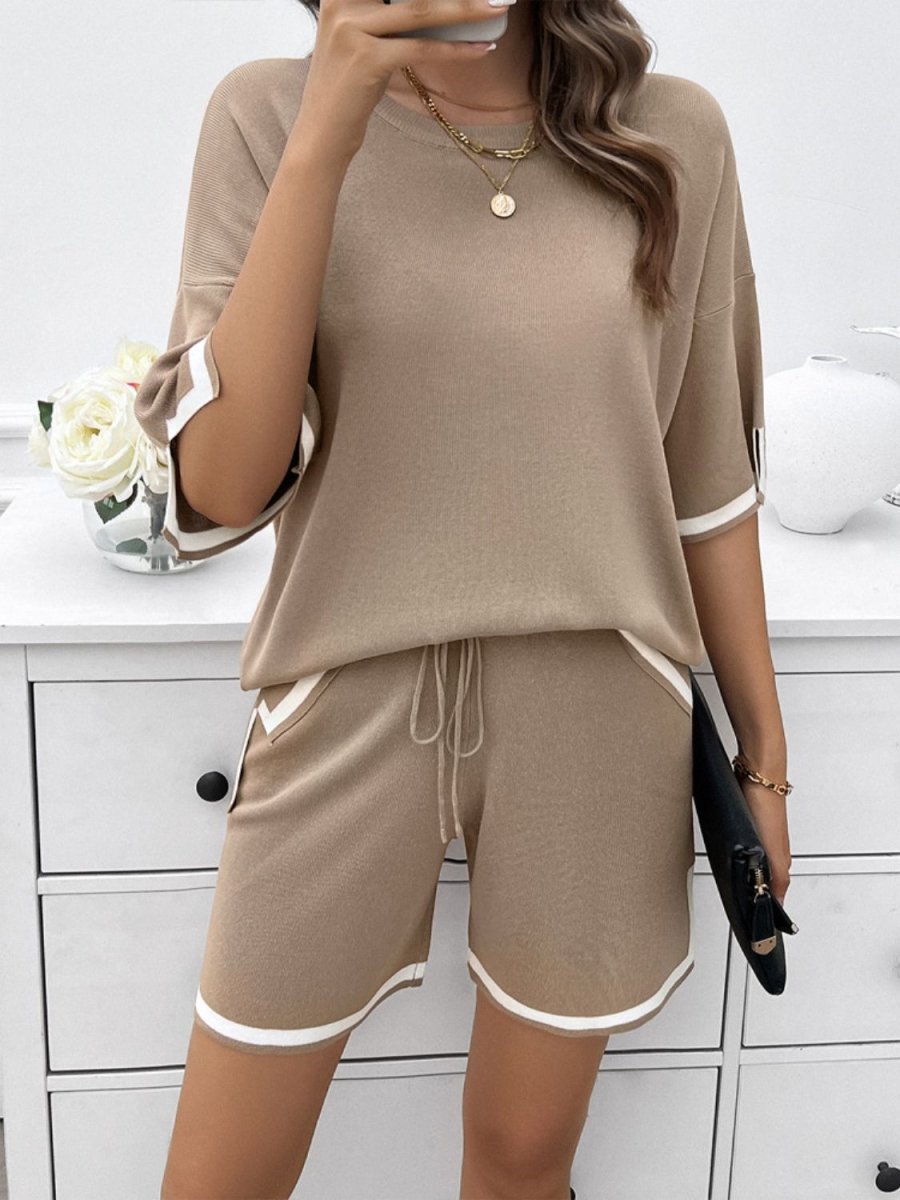Contrast Trim Round Neck Top and Shorts Set - AMVIM