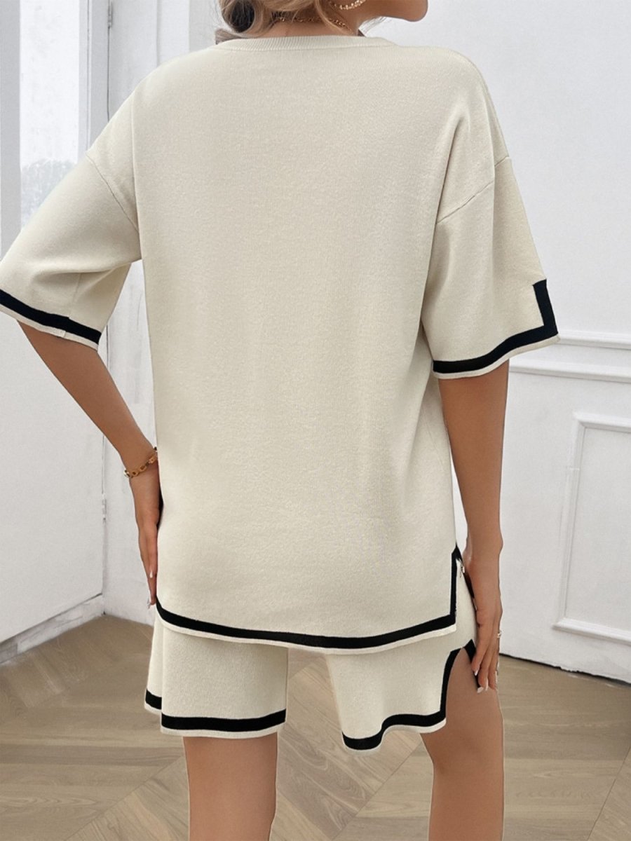 Contrast Trim Round Neck Top and Shorts Set - AMVIM