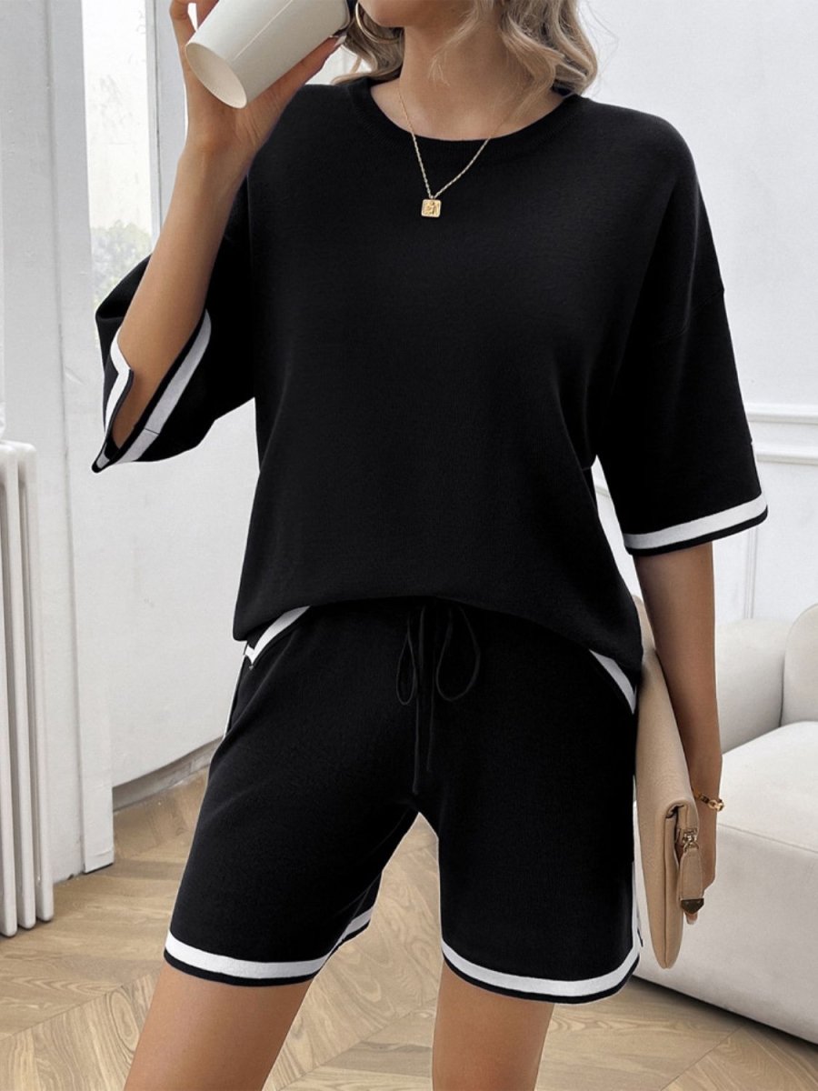 Contrast Trim Round Neck Top and Shorts Set - AMVIM
