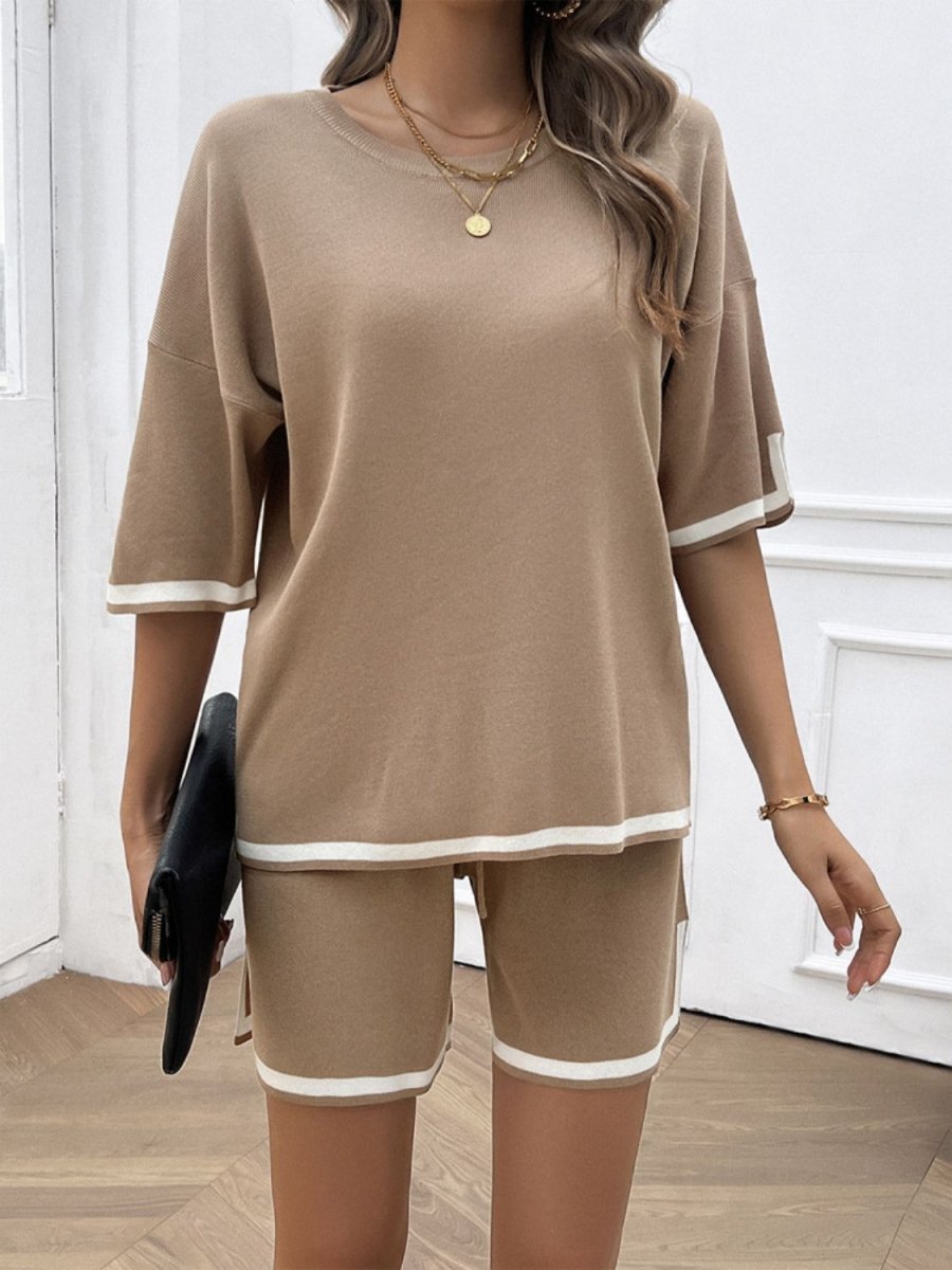 Contrast Trim Round Neck Top and Shorts Set - AMVIM