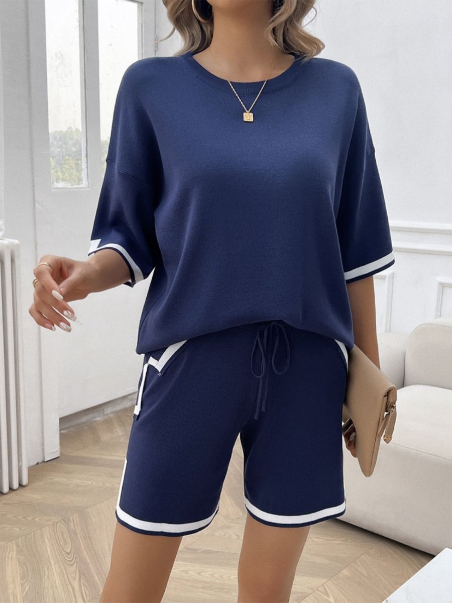 Contrast Trim Round Neck Top and Shorts Set - AMVIM