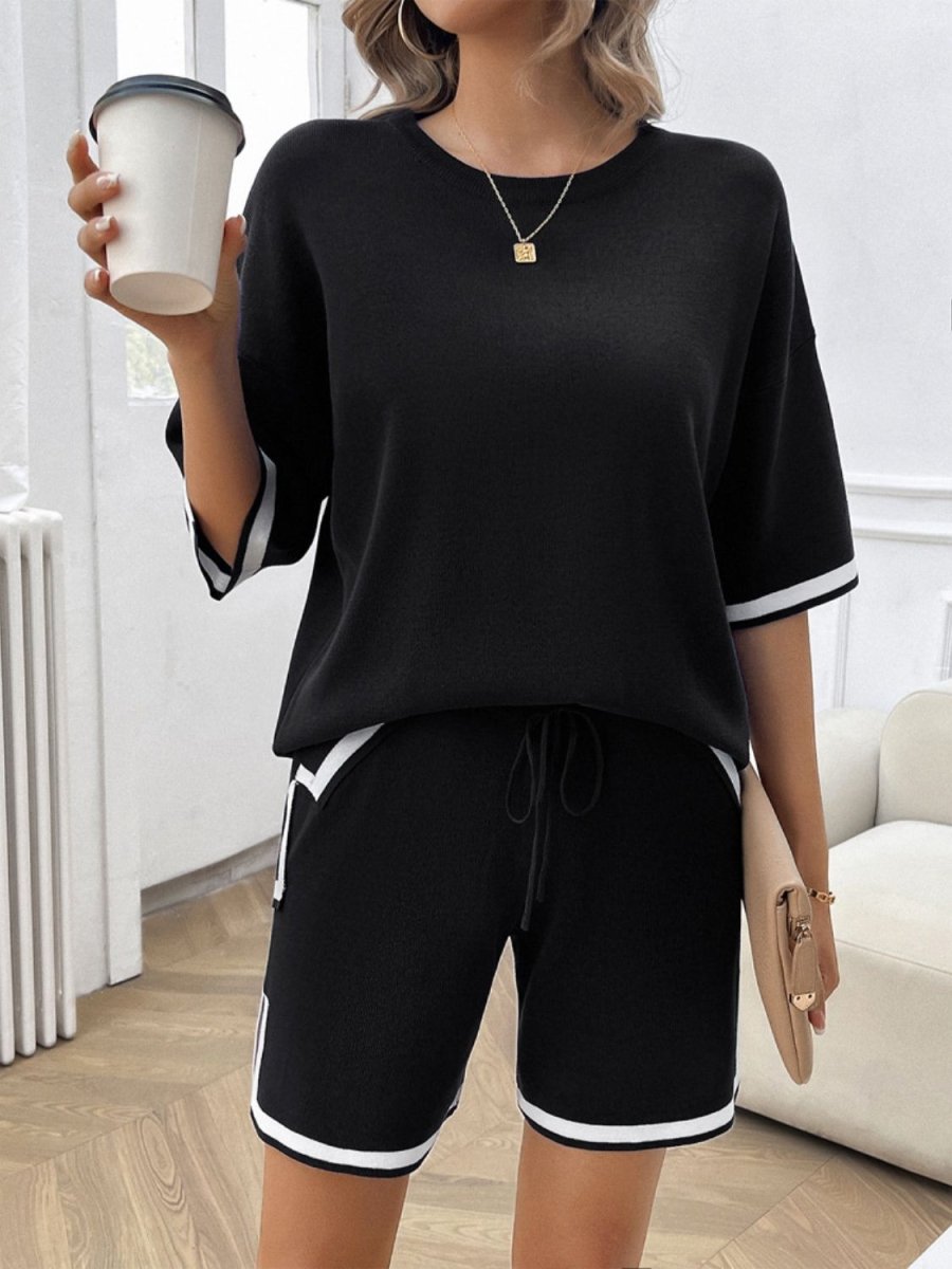 Contrast Trim Round Neck Top and Shorts Set - AMVIM