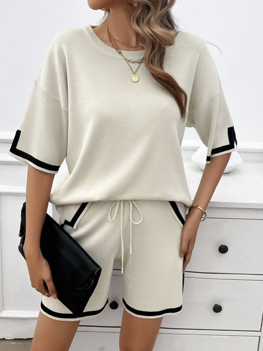 Contrast Trim Round Neck Top and Shorts Set - AMVIM