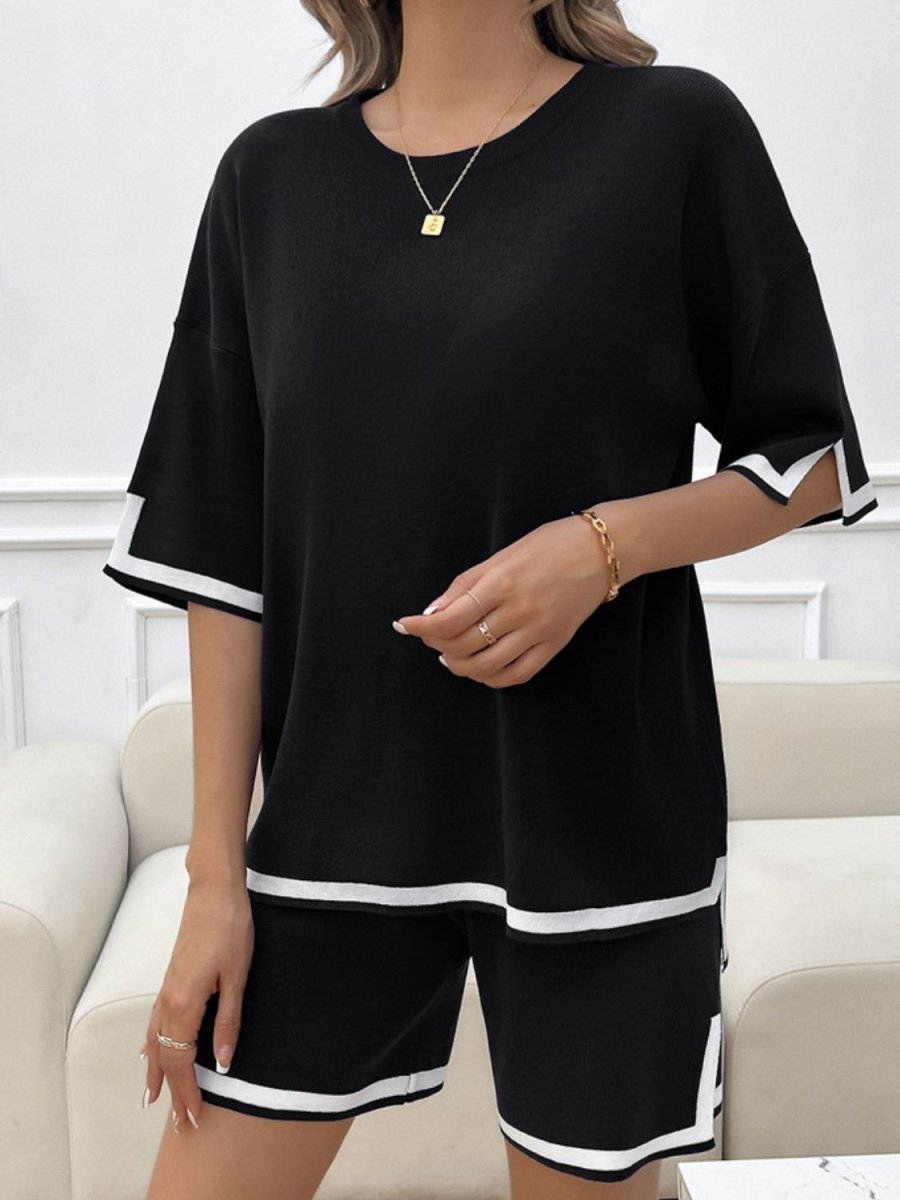 Contrast Trim Round Neck Top and Shorts Set - AMVIM
