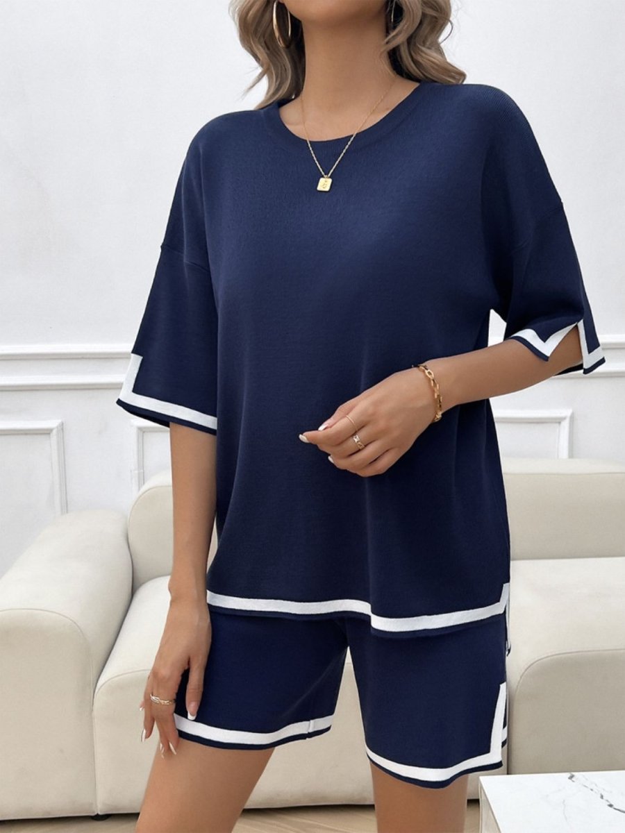 Contrast Trim Round Neck Top and Shorts Set - AMVIM