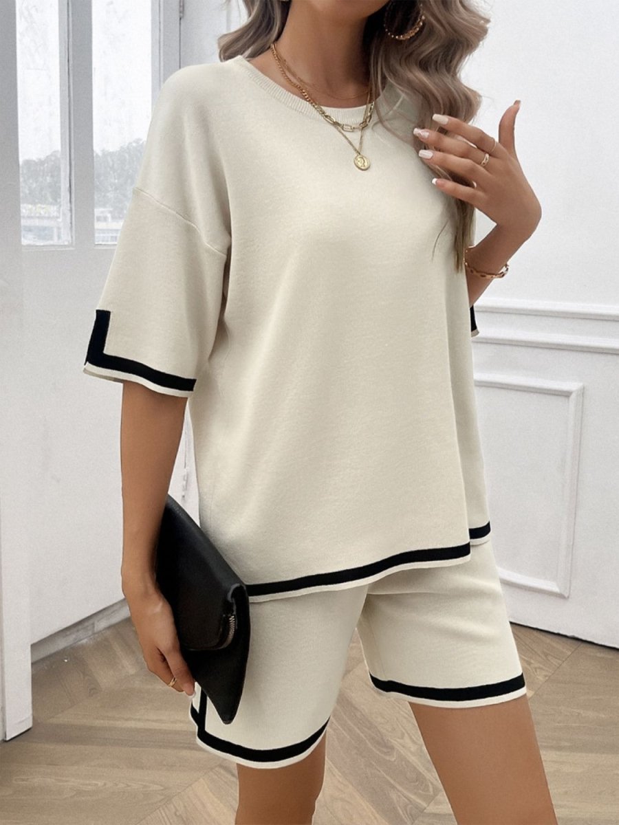 Contrast Trim Round Neck Top and Shorts Set - AMVIM
