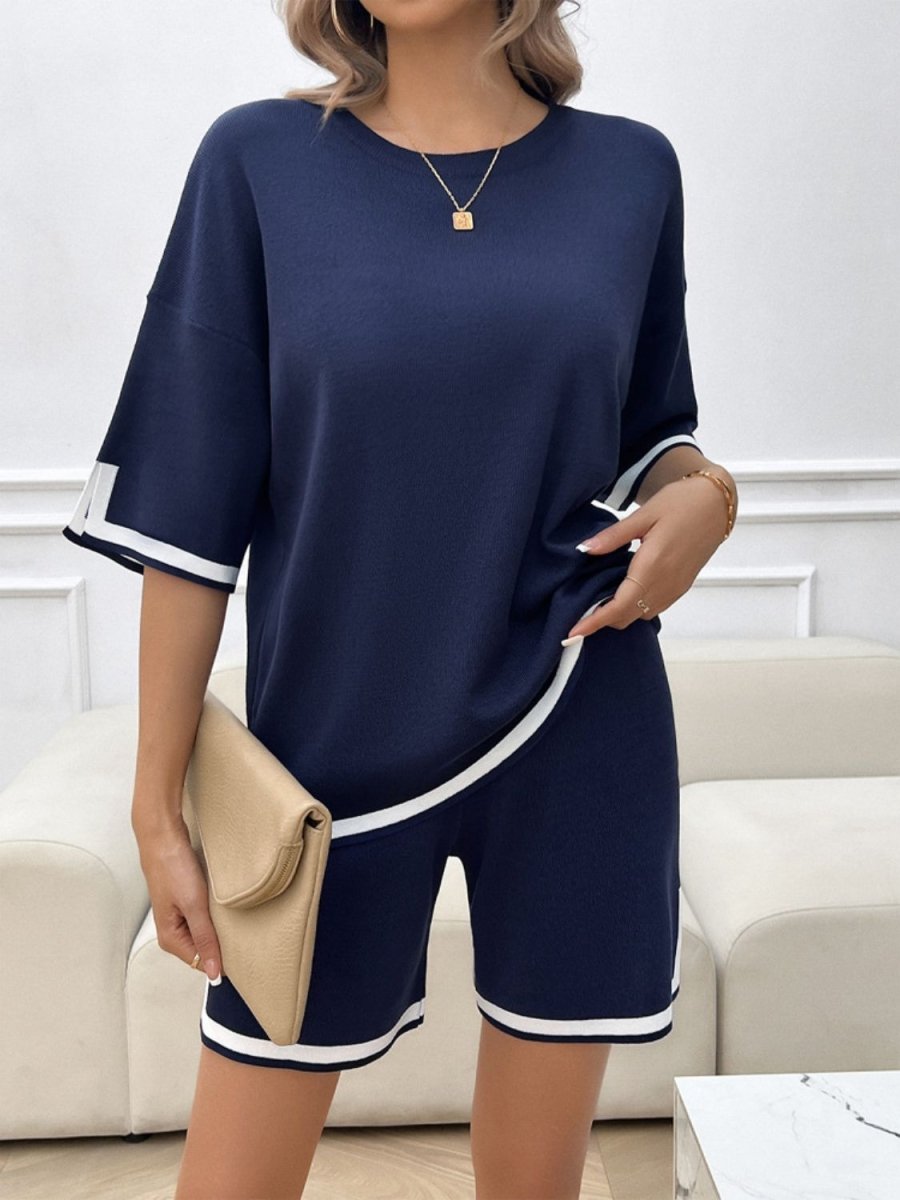 Contrast Trim Round Neck Top and Shorts Set - AMVIM