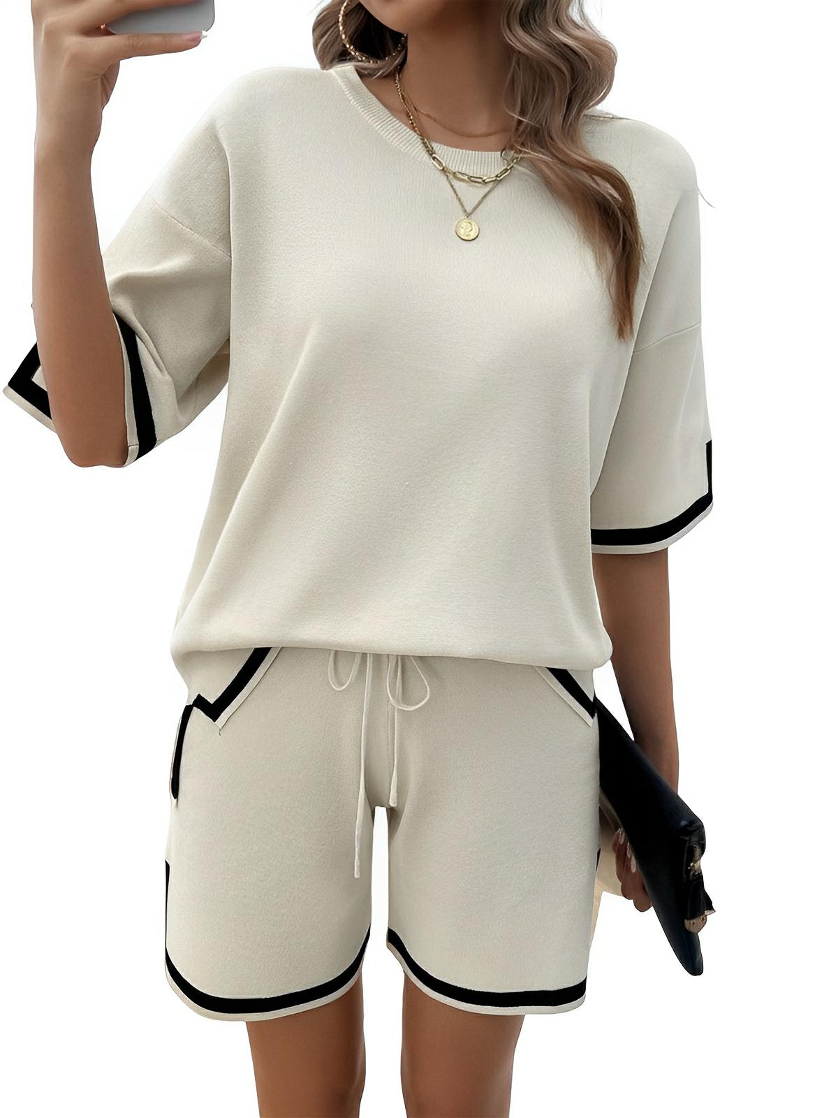 Contrast Trim Round Neck Top and Shorts Set - AMVIM