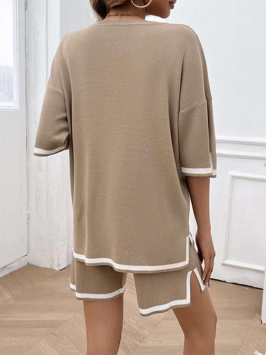 Contrast Trim Round Neck Top and Shorts Set - AMVIM