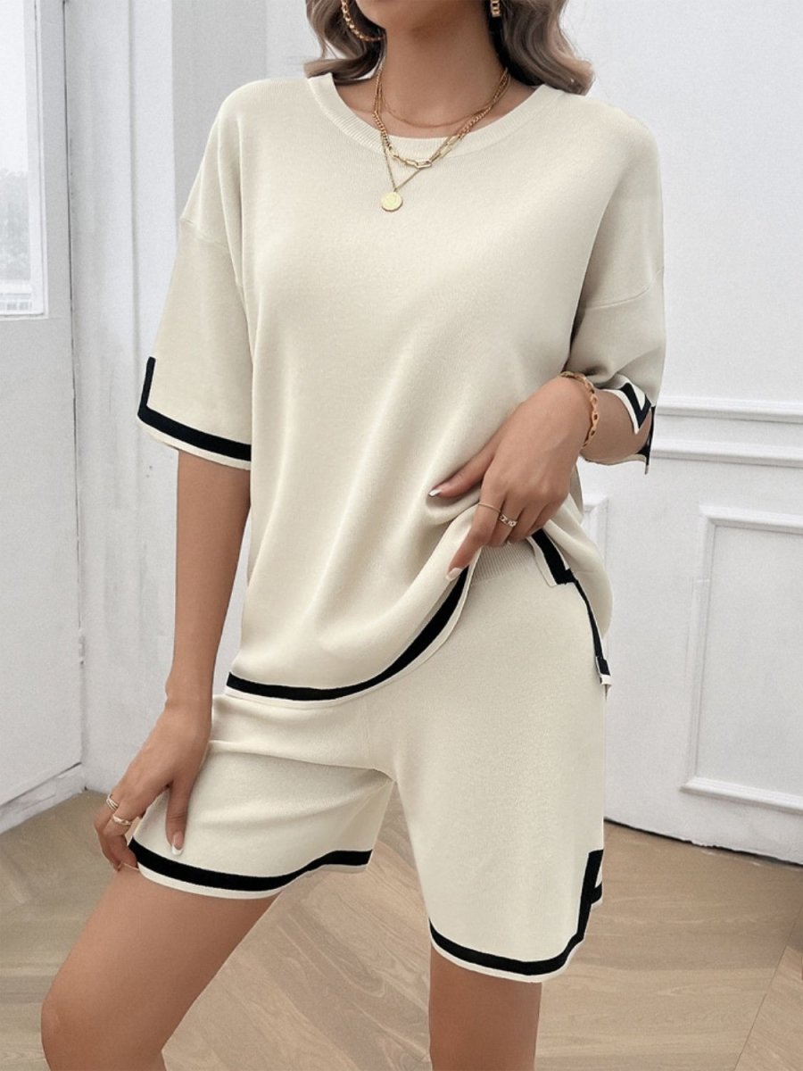 Contrast Trim Round Neck Top and Shorts Set - AMVIM